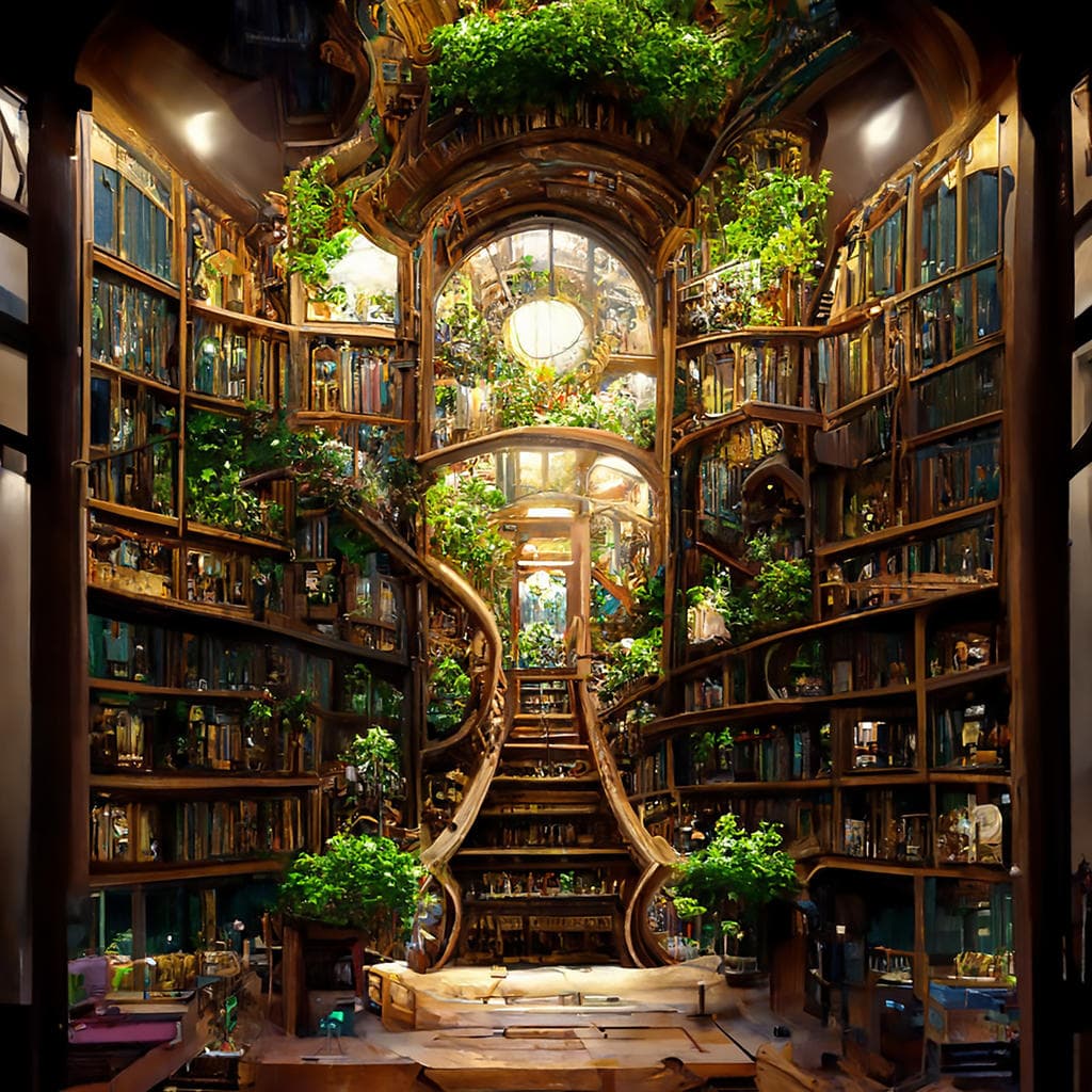 a library overgrown with tree roots